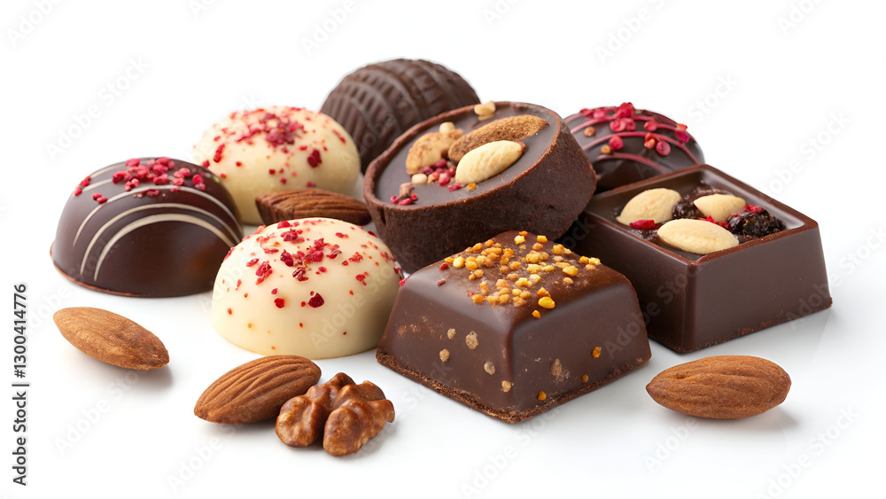 A beautifully crafted mix of assorted chocolates with nuts, caramel, and sprinkles, perfectly isolated on a white background for a clean and modern look A beautifully crafted mix of assorted chocolates with nuts, caramel, and sprinkles, perfectly isolated on a white background for a clean and modern look