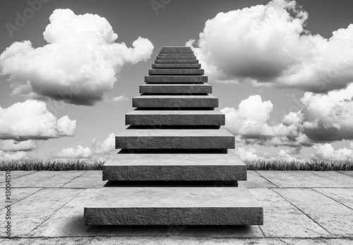 Stone Staircase Ascending Towards Cloudy Sky in Black and White