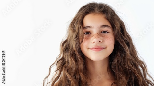 Young girl with curly hair and freckles smiling against a plain white background, exuding joy and innocence