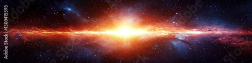 Bright orange light and stars in a galaxy are seen in space, resembling an explosion. Concept of cosmic wonder and energy. For science and space themes.