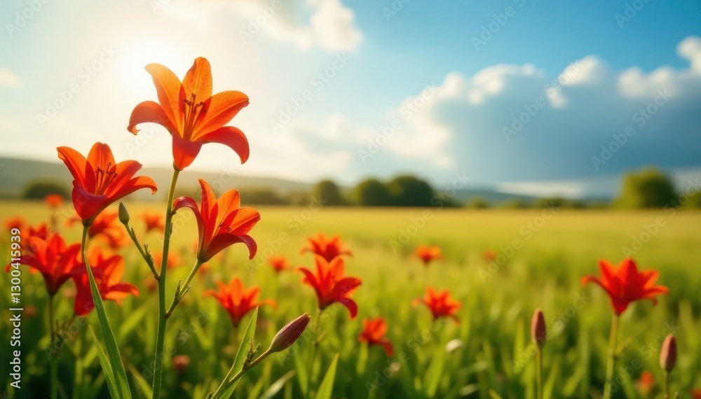 Western Red lily wildflowers in a sunny field, yellow flowers, blooming flowers Western Red lily wildflowers in a sunny field, yellow flowers, blooming flowers