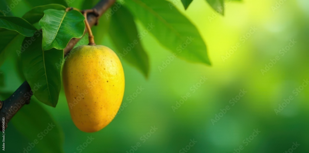 Yellow mango fruit hanging on a lush green tree branch, , fresh Yellow mango fruit hanging on a lush green tree branch, , fresh