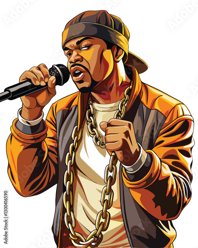 A stylish rapper dramatically holds a microphone, its cord intricately wrapped around his arm and hand.  Focus on the cord's artistic arrangement.