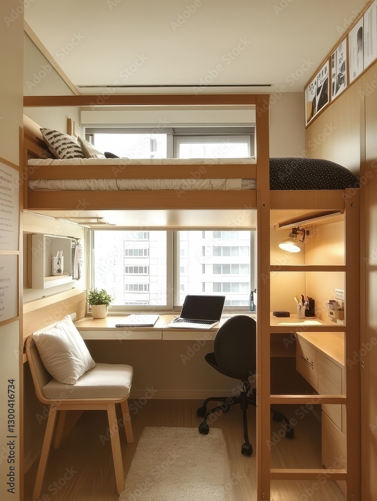 Fototapeta premium A modern compact space with a loft bed and desk