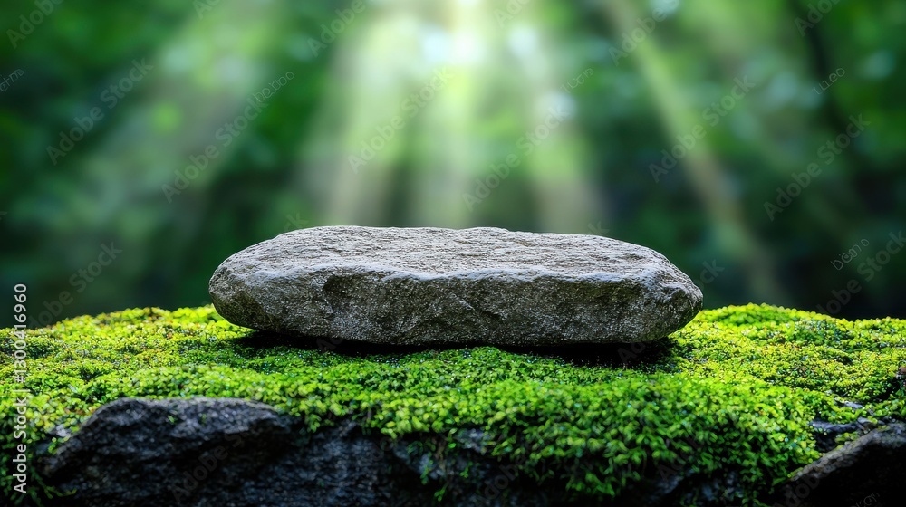 A unique rock resting on a vibrant moss covered surface in a dense forest environment A unique rock resting on a vibrant moss covered surface in a dense forest environment