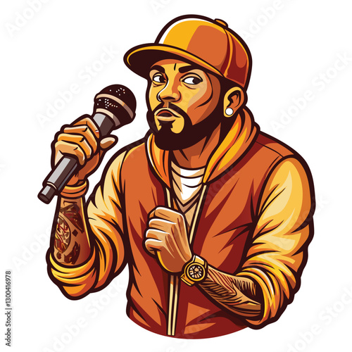 A stylish rapper, showcasing intricate tattoos, confidently holds a classic vintage microphone.  He exudes cool.