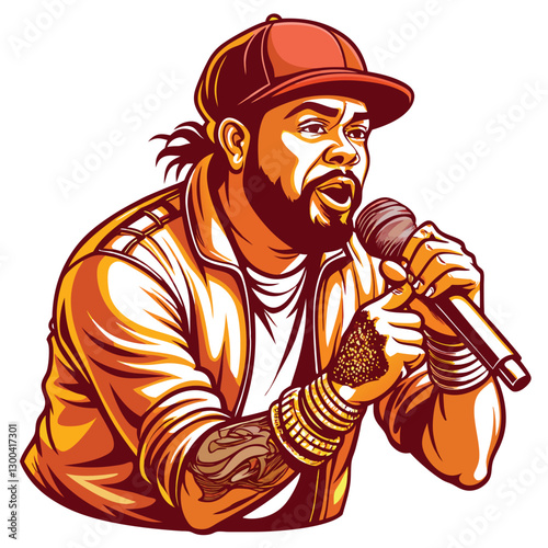 A stylish rapper, showcasing intricate arm tattoos, confidently holds a classic, vintage microphone.  The image should highlight both the microphone and the detailed tattoos.