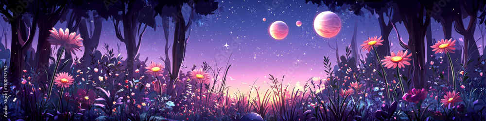 Fototapeta premium Flowers bloom under a twilight sky with planets visible between silhouetted trees. Concept of a mystical, dreamy landscape. For fantasy-themed illustrations.