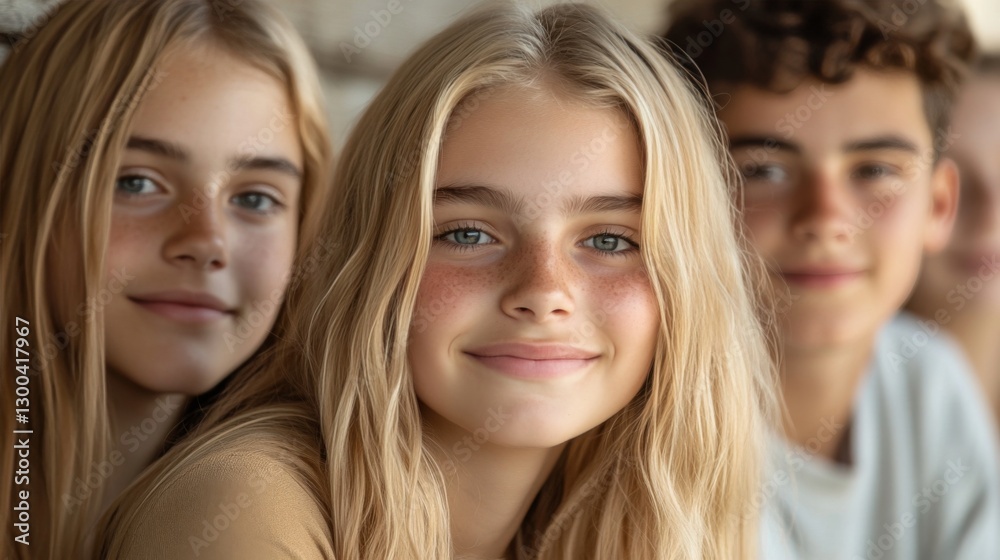 Smiling teens, close-up portrait, stone background Smiling teens, close-up portrait, stone background