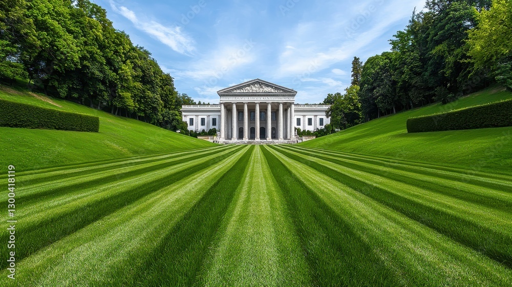 Majestic large white building with elegant architecture surrounded by clear blue sky Majestic large white building with elegant architecture surrounded by clear blue sky