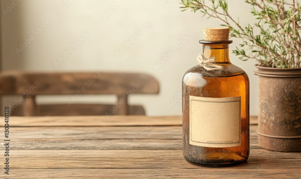 Amber Glass Bottle with Blank Label on Rustic Wooden Table Amber Glass Bottle with Blank Label on Rustic Wooden Table