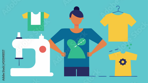 Upcycling Process An of a person creatively transforming an old tshirt into a stylish tote bag. Scissors sewing thread and a sewing machine are included in the