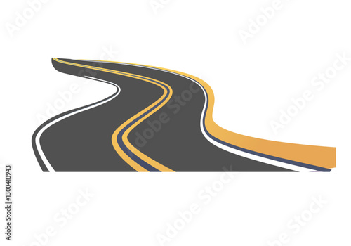 Roads in perspective. Bended pathway road curved city street to horizon. Journey asphalt highway isolated vector set 