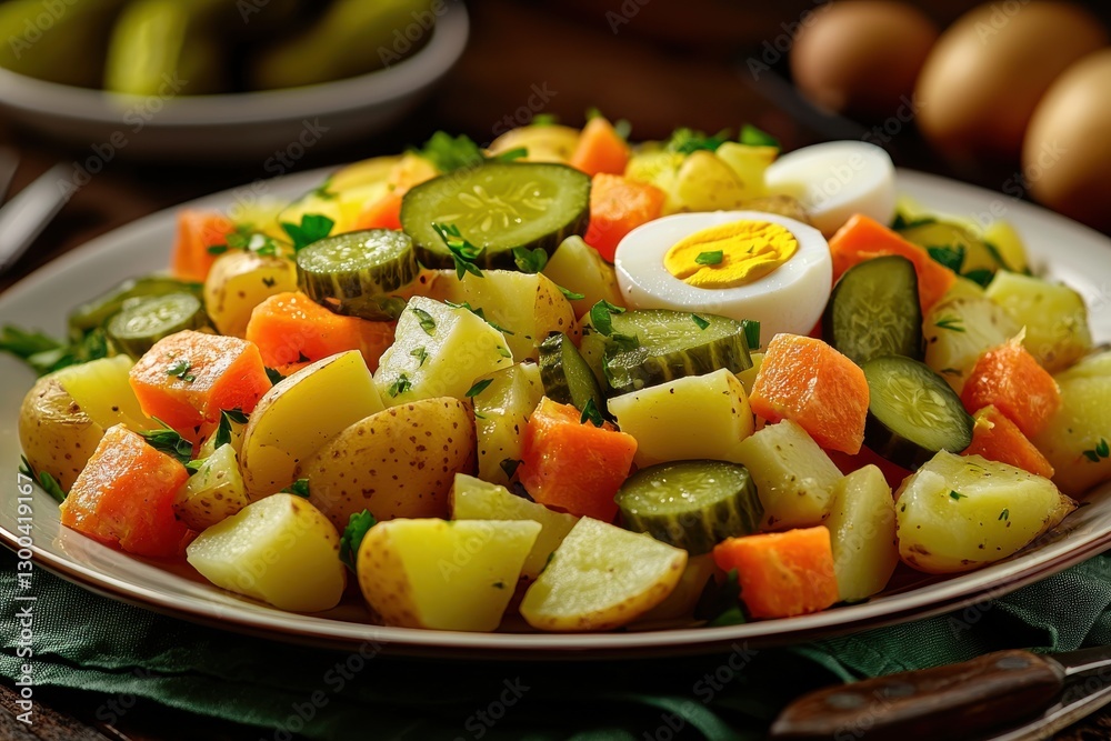 A delicious potato salad with carrots, pickles, and eggs, displayed on a white plate, showcasing a traditional and wholesome side dish, perfect for summer barbecues. A delicious potato salad with carrots, pickles, and eggs, displayed on a white plate, showcasing a traditional and wholesome side dish, perfect for summer barbecues.