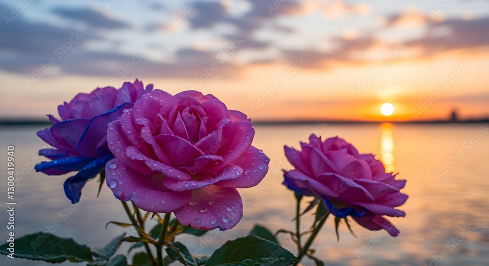 Sunset Serenity: Two Dew-Kissed Roses at Golden Hour Sunset Serenity: Two Dew-Kissed Roses at Golden Hour