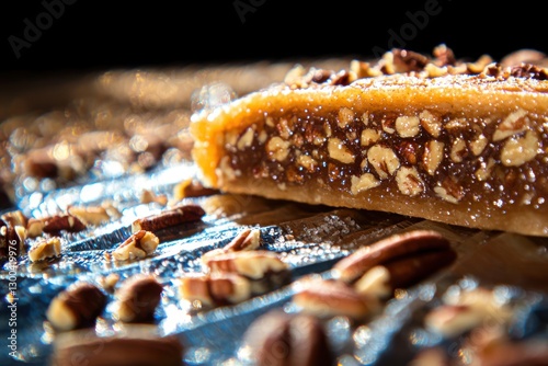 A delectable piece of homemade pecan pie toffee, sitting on a reflective surface with scattered pecans, showcasing the nutty texture and sweet, caramel-like glaze.