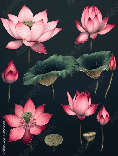 Lotus hand drawn vector set, Collection of lotus flowers for logo, luxury wedding invitation, cover, packaging, pattern and background template.