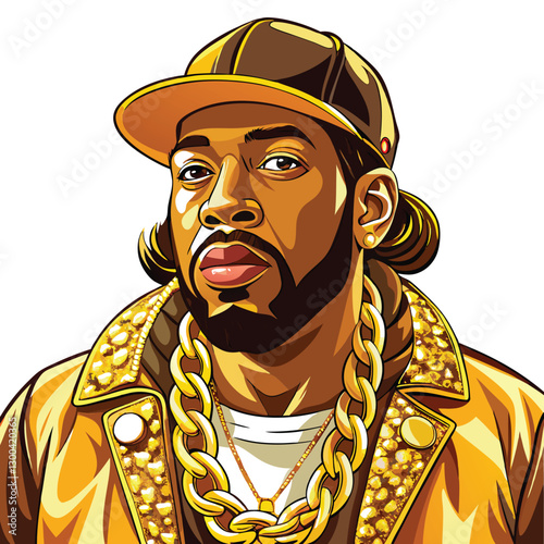 A close-up shot of a rapper, showcasing intricate gold chains with diverse pendants, emphasizing texture and detail of the jewelry.