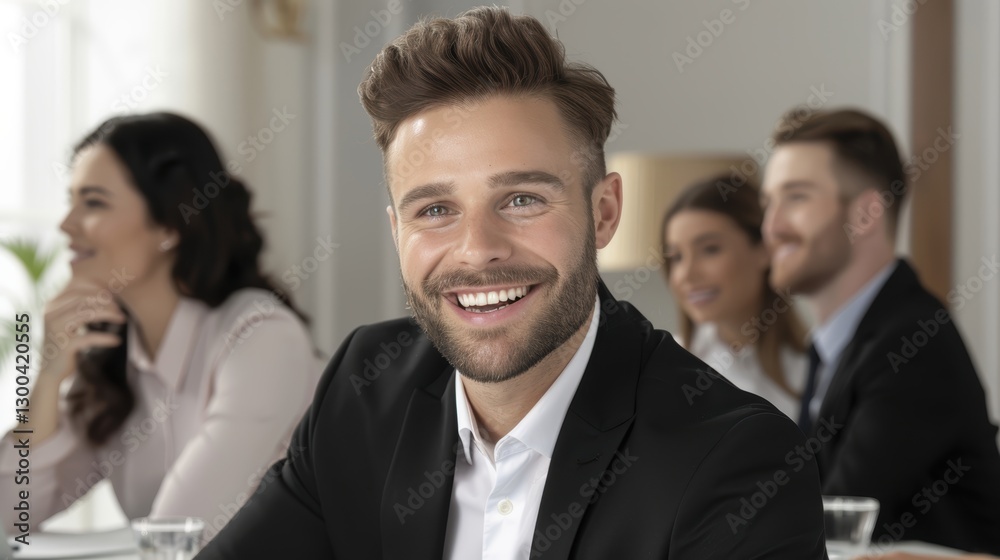 Confident Young Man Smiling in Business Meeting with Colleagues in Background Confident Young Man Smiling in Business Meeting with Colleagues in Background