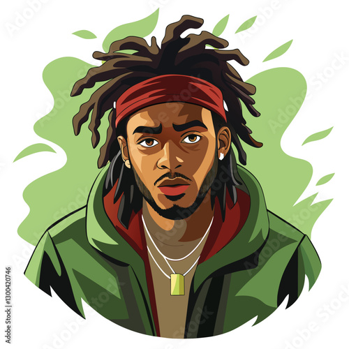 A moody portrait of a rapper, his face partially obscured by shadow, showcasing intricate dreadlocks.  The lighting emphasizes texture and contrast.