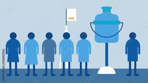 Water Scarcity A public water fountain surrounded by eager citizens with a line stretching out as people wait to fill containers while a sign indicates Water Limit 1 gallon per