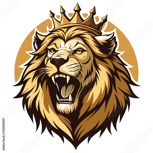 Illustrate a powerful, roaring lion wearing a regal crown, rendered in a bold, graphic style with strong lines and vibrant colors.