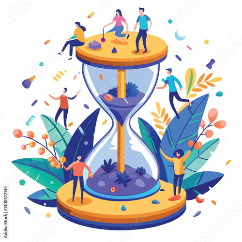 A surreal hourglass filled with miniature people diligently climbing its sandy slopes; a fantastical depiction of time's relentless passage.