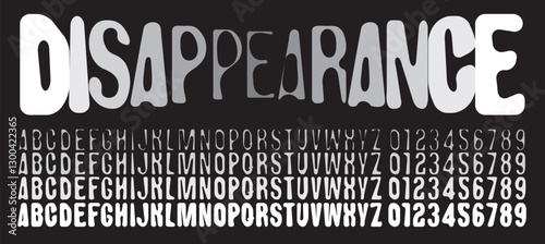 Set of simple rounded distorted font with letters of varying thickness on the theme of disappearance. Set of letters and numbers of the latin alphabet