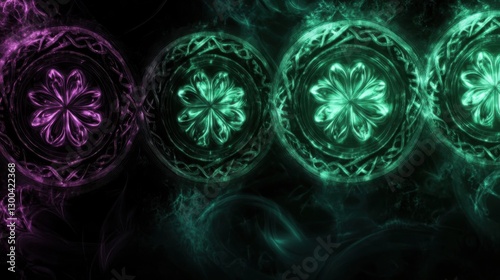 This image displays a series of glowing geometric patterns with ethereal green hues, showcasing intricate designs and captivating mystical elements.