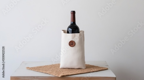 A cosy display of a wine bottle wrapped in a beige cloth bag with a button, resting on a woven mat, creating a rustic and minimalist aesthetic.
