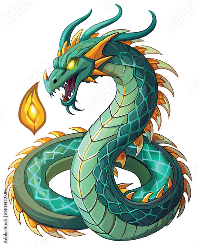 A majestic serpent dragon hybrid, scales shimmering, with vibrant glowing runes etched across its powerful body and serpentine tail.