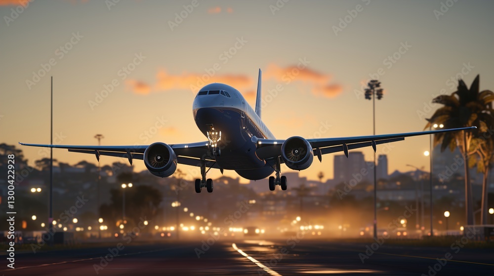 Fototapeta premium airplane landing at sunset