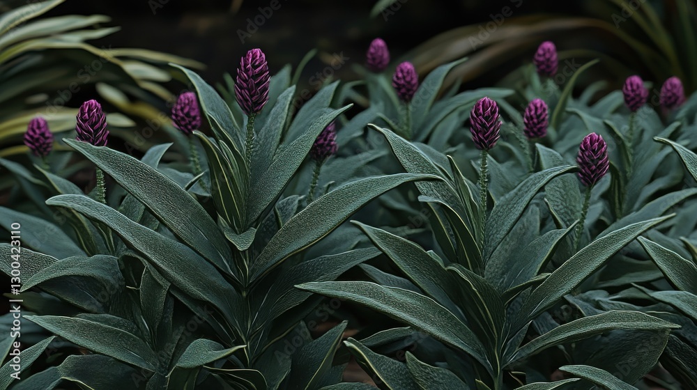 Obraz premium Clusters of purple flower buds are nestled within lush green leaves, showcasing the beauty of nature and the promise of blooming vibrancy in a garden setting.