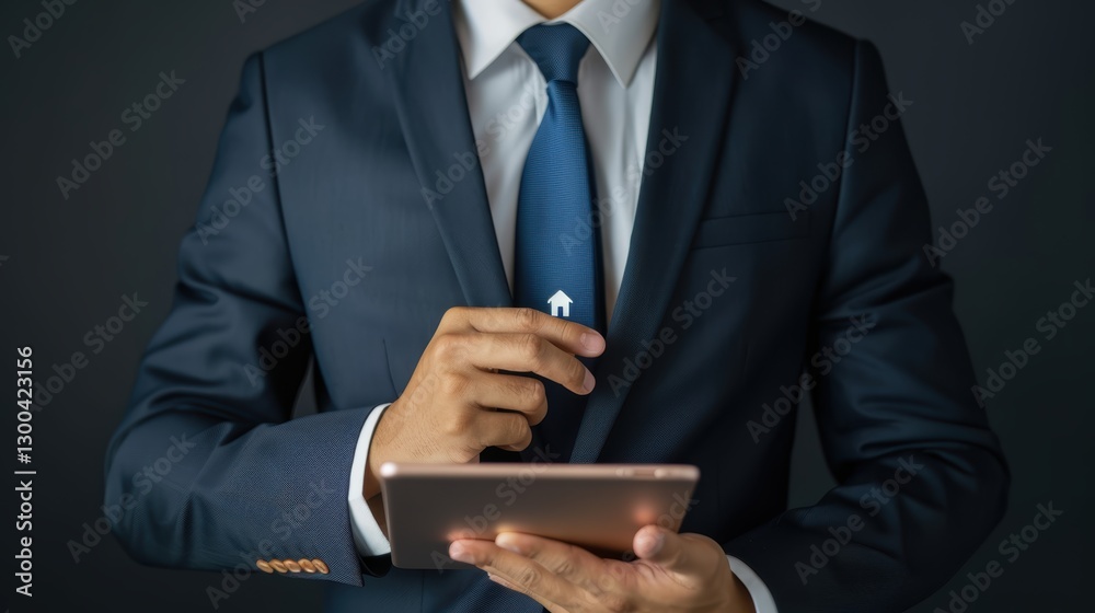 Businessman in Suit Using Tablet for Real Estate Transactions and Analysis