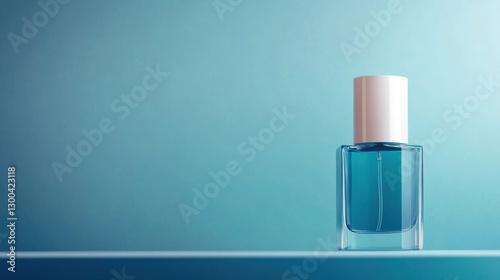 A simplistic perfume bottle with a white cap stands against a soft gradient background, highlighting its clean lines and modern design in a serene setting.