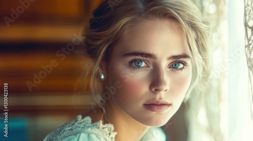 A soft, graceful portrait of a woman captured in gentle lighting, dressed in a delicate lace garment, conveying a serene and contemplative atmosphere.