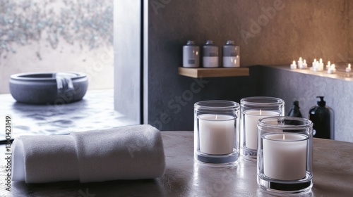 This serene spa image includes neatly placed candles and a rolled towel in a tranquil room, designed to enhance comfort and relaxation.