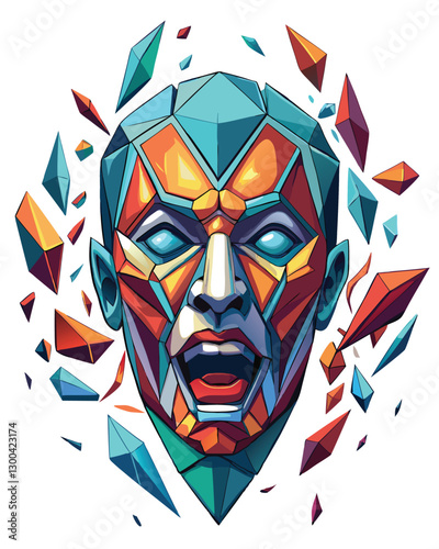 A shattered porcelain mask, fragments floating in mid-air, revealing intricate details and a melancholic aura.  Each piece reflects light, creating ethereal glow.