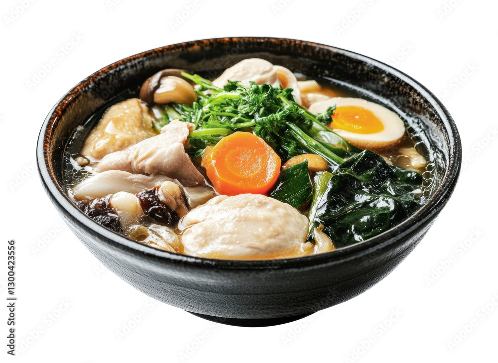 Enjoy a flavorful bowl of chicken soup with vegetables and herbs, perfect for a cozy evening meal or gathering with family, cut out