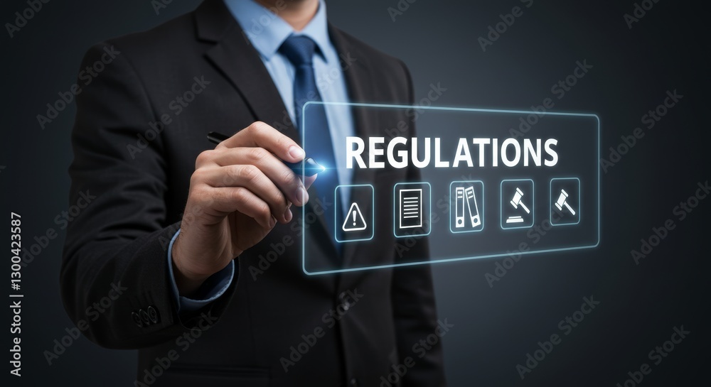 Businessman interacting with digital screen displaying the word regulations