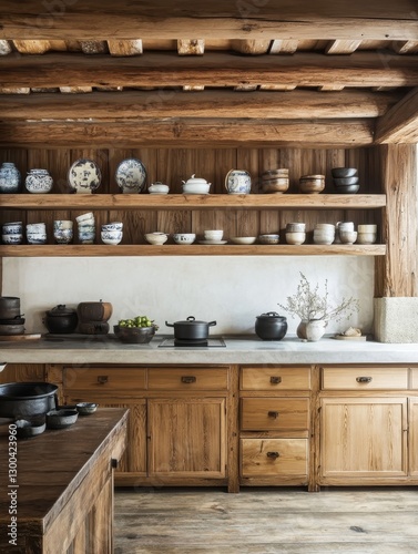The wooden rustic kitchen contains some pots and shelves