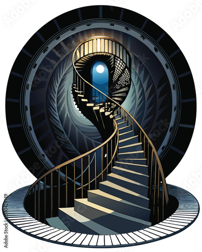Render a surrealist image of a spiral staircase receding into an infinite blue void, emphasizing depth and perspective.