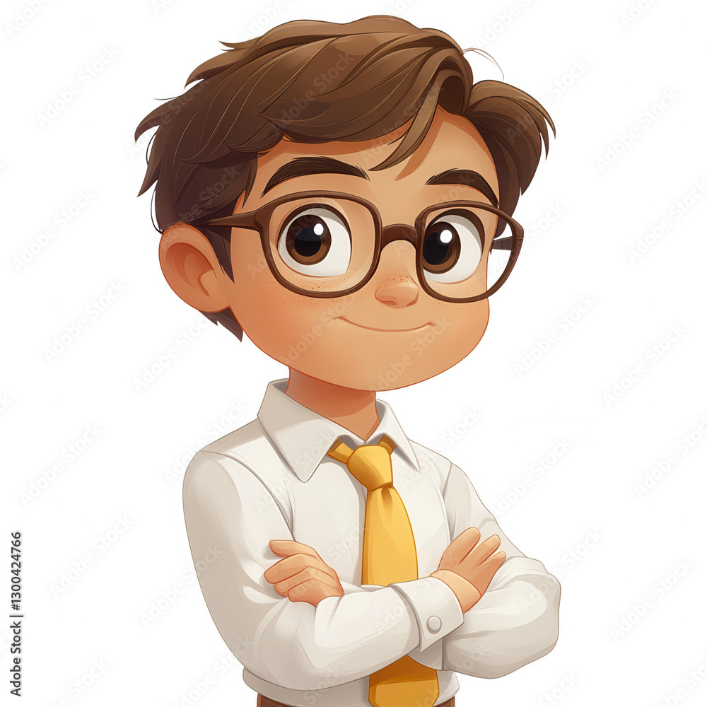 A cartoon boy wearing glasses and a yellow tie isolated on white background.PNG A cartoon boy wearing glasses and a yellow tie isolated on white background.PNG