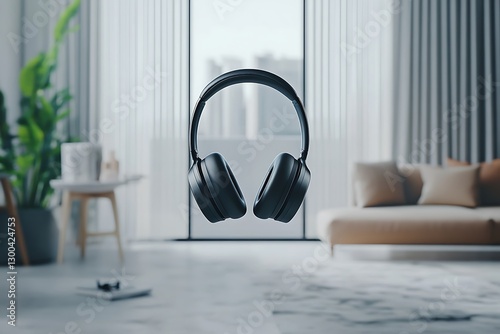 Sleek wireless headphones levitating effortlessly in a stylish modern living room, symbolizing advanced audio technology and immersive sound experience in a contemporary home environment