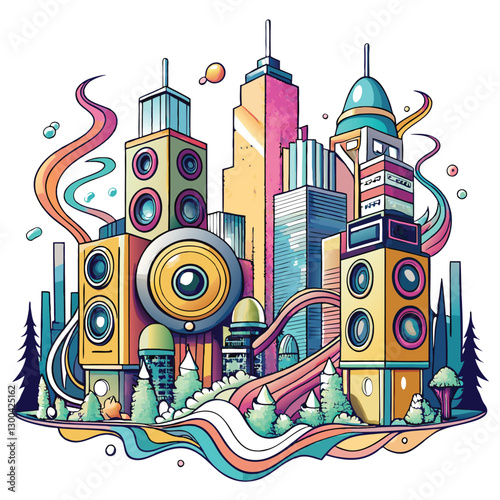 Surreal cityscape towering speakers replace buildings, creating a bizarre, audio-centric metropolis.  Sky is a vibrant, unnatural color.