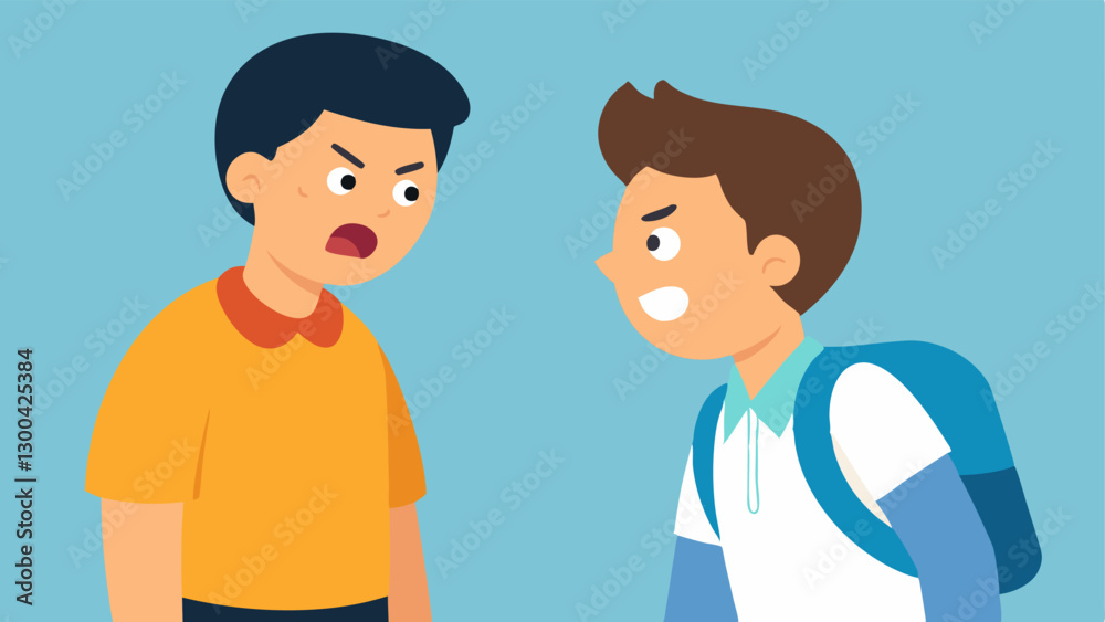 Verbal Bullying A scene where one student is standing confidently while another student is leaning in closer with an angry expression shouting insults. Verbal Bullying A scene where one student is standing confidently while another student is leaning in closer with an angry expression shouting insults.