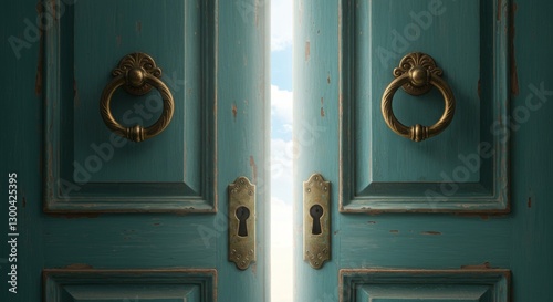 Ajar weathered teal double door with ornate gold handles revealing ethereal light