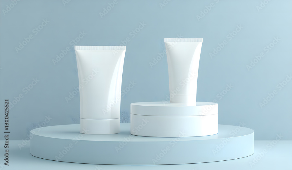 Elegant Minimalist Cosmetic Product Display Tubes and Jar on Blue Platform Elegant Minimalist Cosmetic Product Display Tubes and Jar on Blue Platform