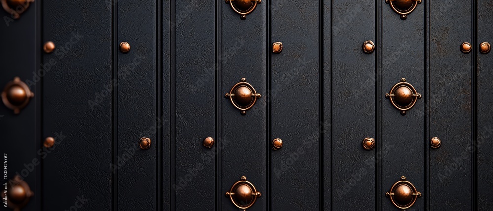 Fototapeta premium Ornate Dark Door with Circular Metal Accents Detailed Craftsmanship and Vintage Charm Captivating Visual Texture