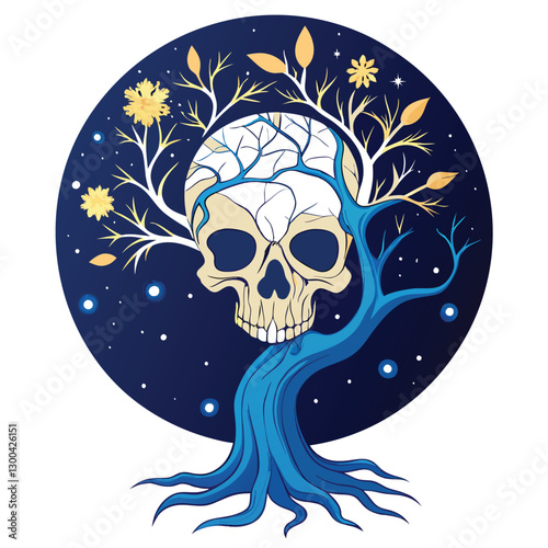 A surreal image depicting a tree powerfully growing from a human skull, its roots spreading through the earth.  Focus on detail of both tree and skull.